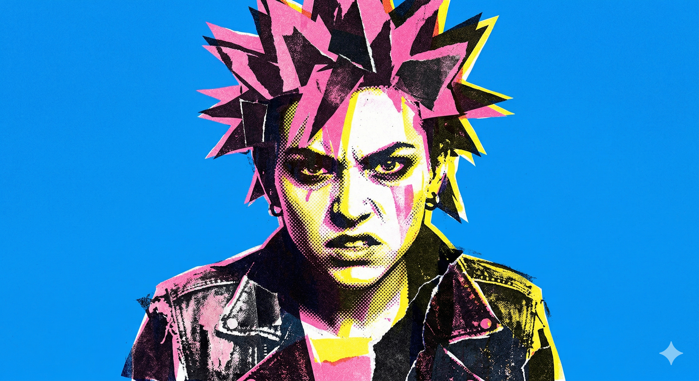 Ilustração pop art de uma mulher punk com cabelos espetados em tons de rosa e preto, vestindo jaqueta de couro sobre fundo azul vibrante