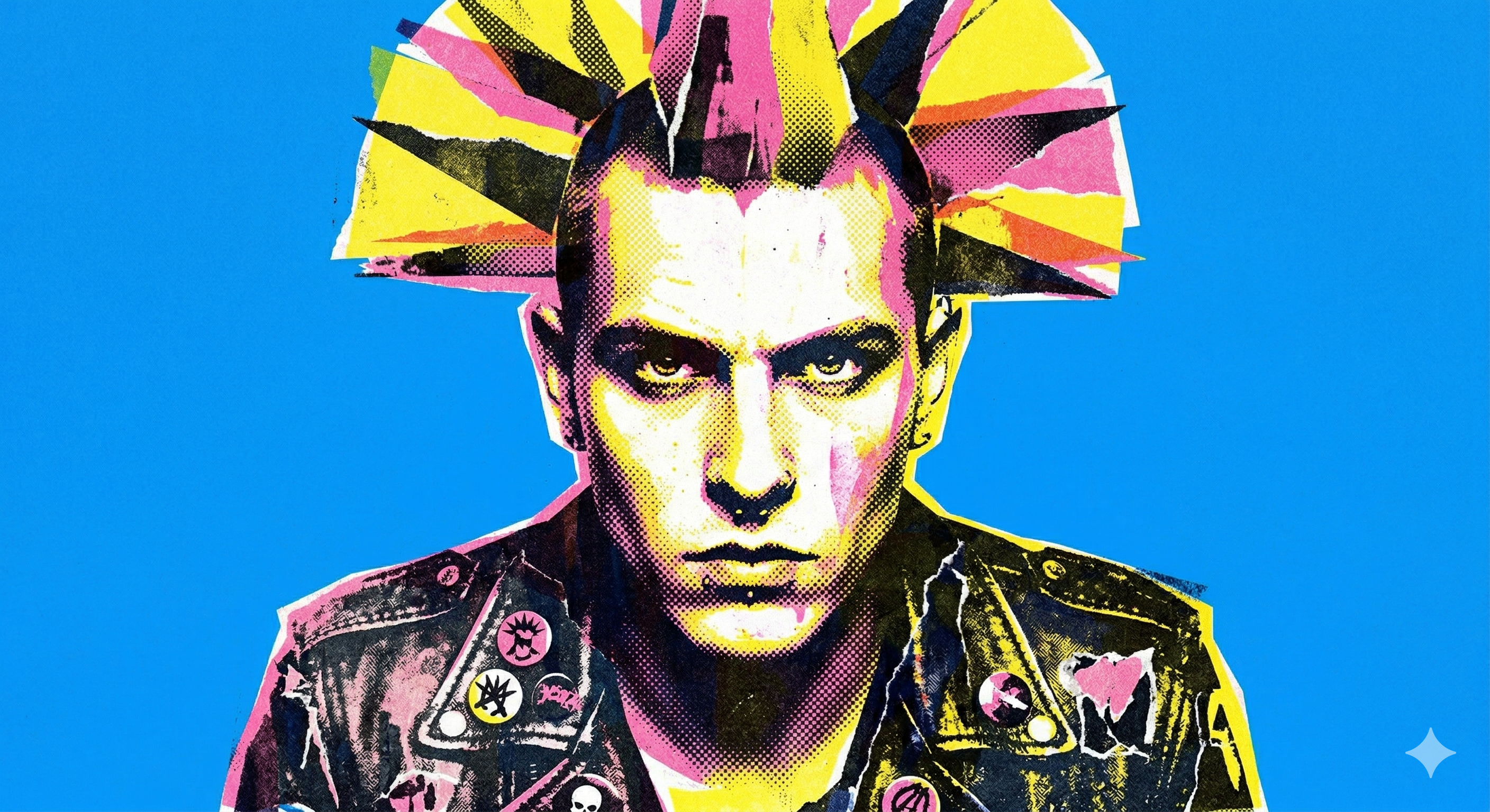Ilustração pop art de um homem punk com moicano em leque amarelo e rosa, vestindo jaqueta de couro com diversos bótons coloridos, sobre fundo azul.