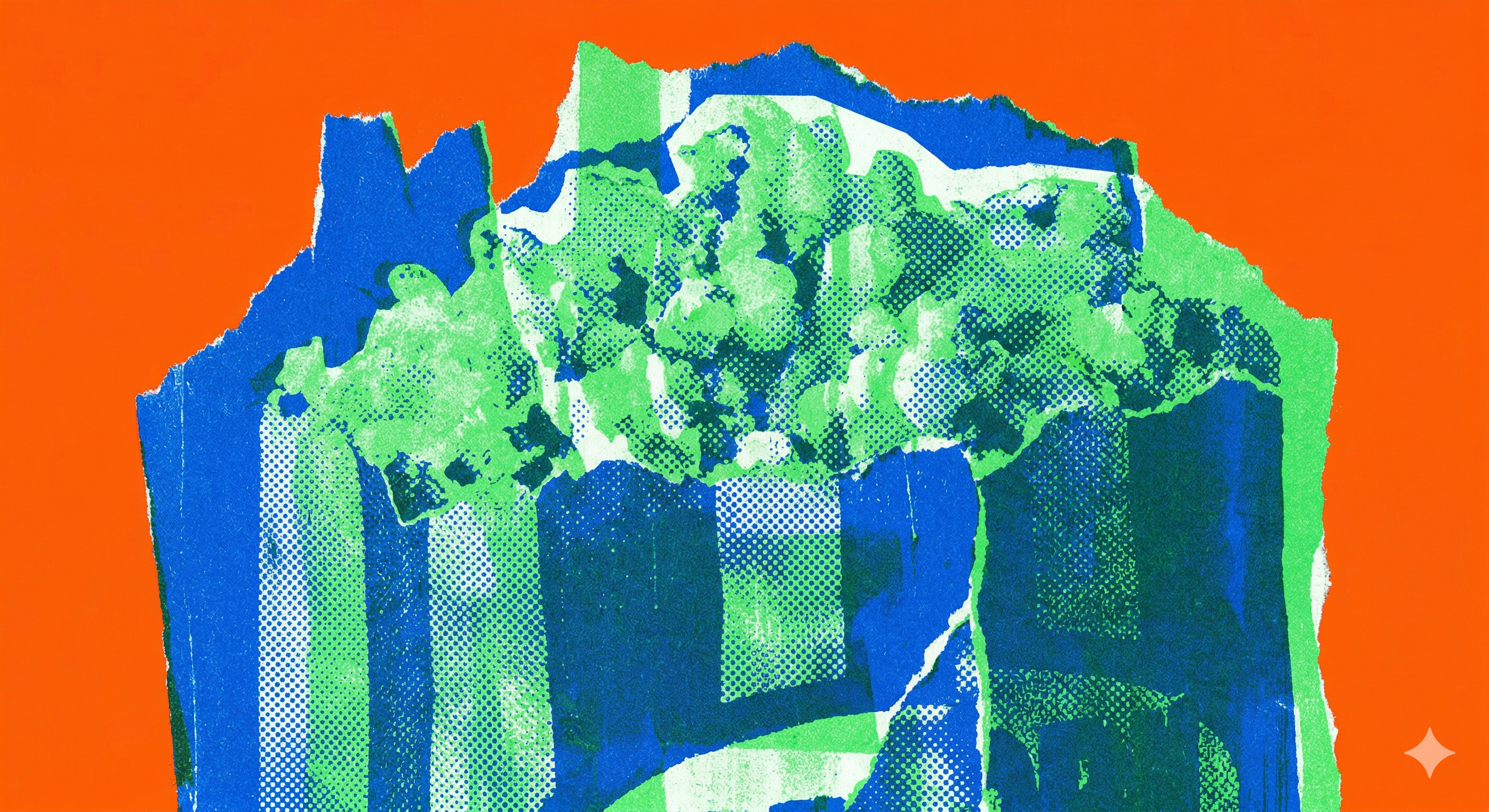 Arte abstrata de colagem pop art em tons de azul e verde sobre fundo laranja.