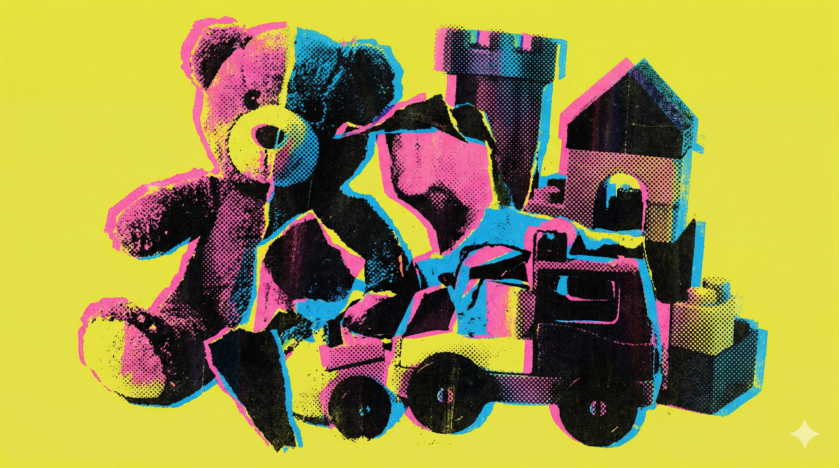Arte pop art de brinquedos variados com cores vibrantes e texturas de impressão granulada