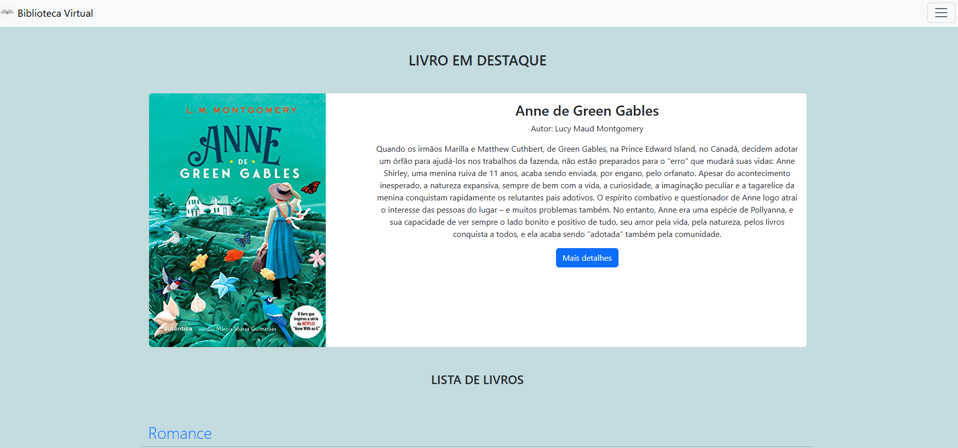 Página da biblioteca virtual com livros organizados por categorias