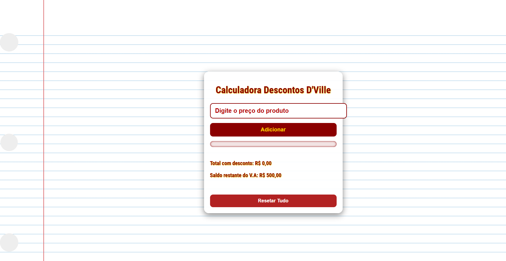 Interface da calculadora de desconto para compras de mercado