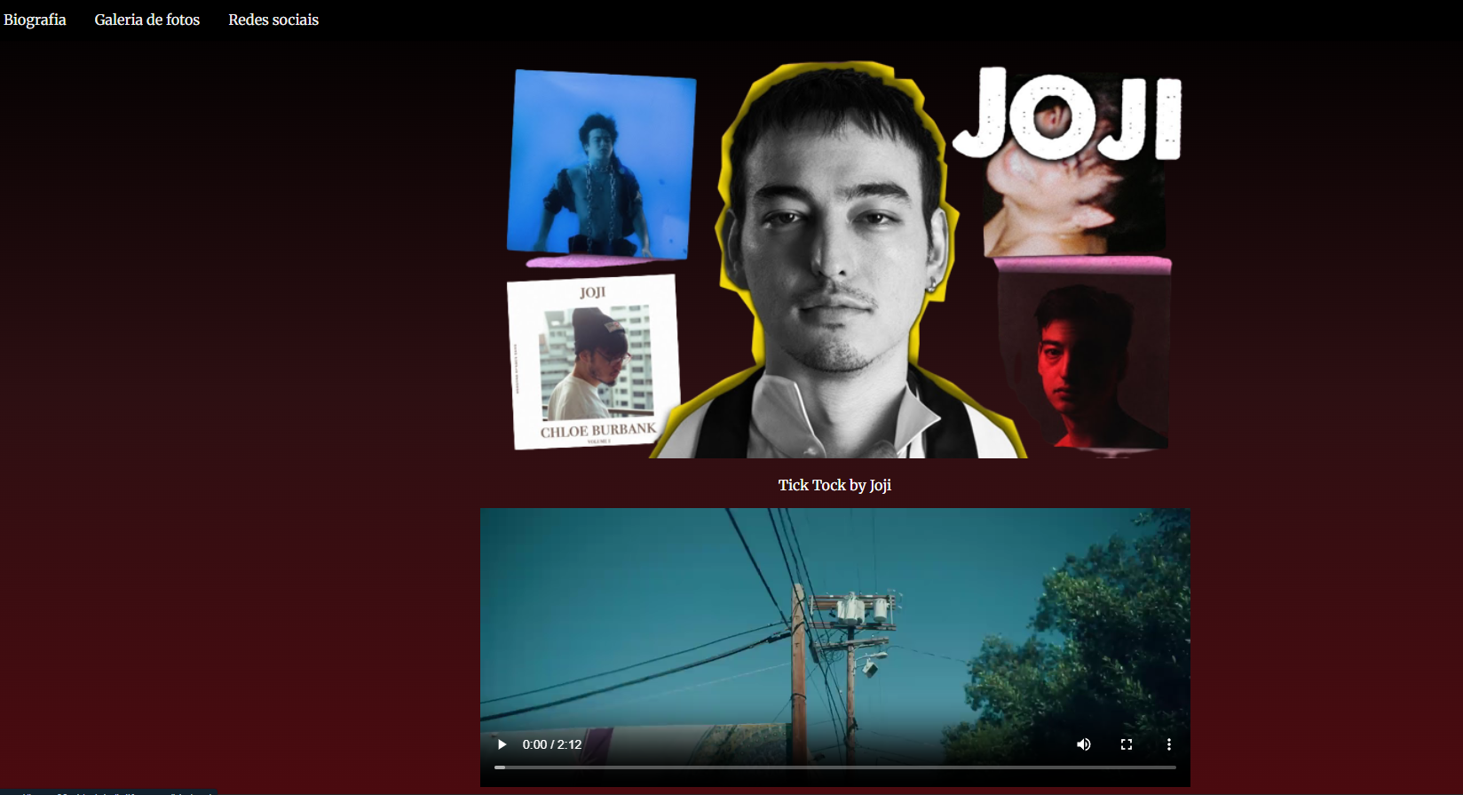Fanpage do cantor Joji com galeria de fotos e player do Spotify