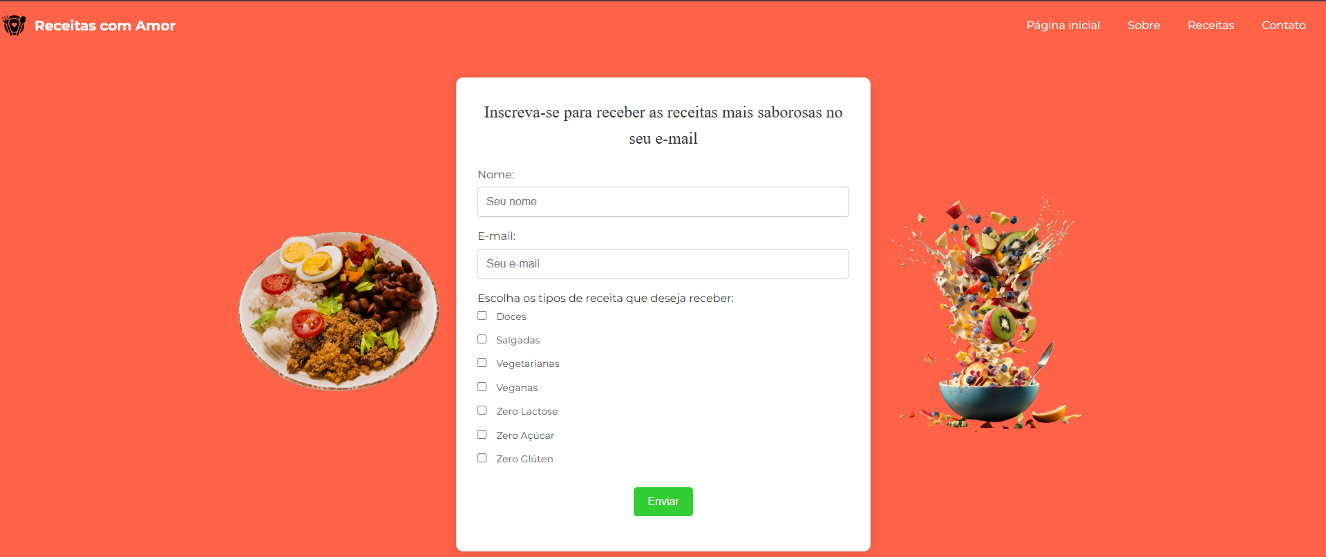 Formulário de inscrição para receber receitas por e-mail